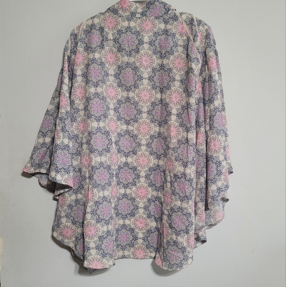 Large Kimono Top Floral Pink Blue Sheer‎ Swim Coverup Boho Coastal Cowgirl - Picture 3 of 4